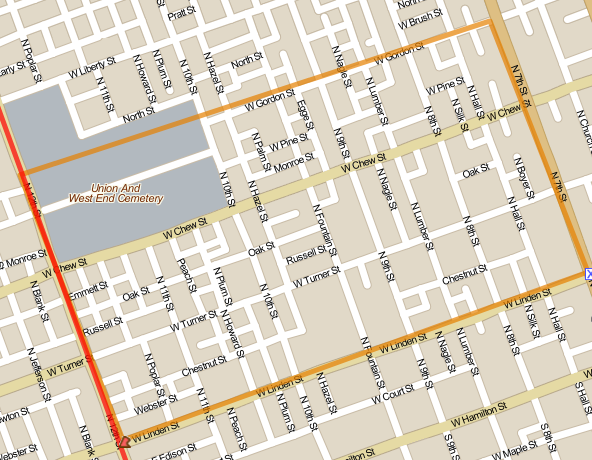 Map of downtown Allentown depicting a bright red outline around the NIZ